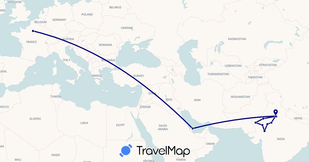 TravelMap itinerary: driving in France, India, Qatar (Asia, Europe)